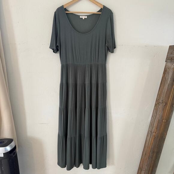 Bohme Essentials Short Sleeve Tiered Ribbed‎ Maxi Dress Green Gray Size XLarge - Picture 2 of 16